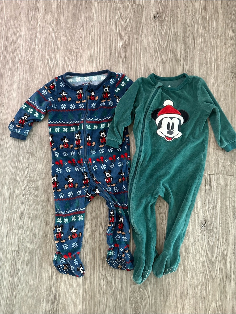 Disney Green & Navy Mickey Mouse Footed Christmas One-Pieces Two Way Zipper 18M